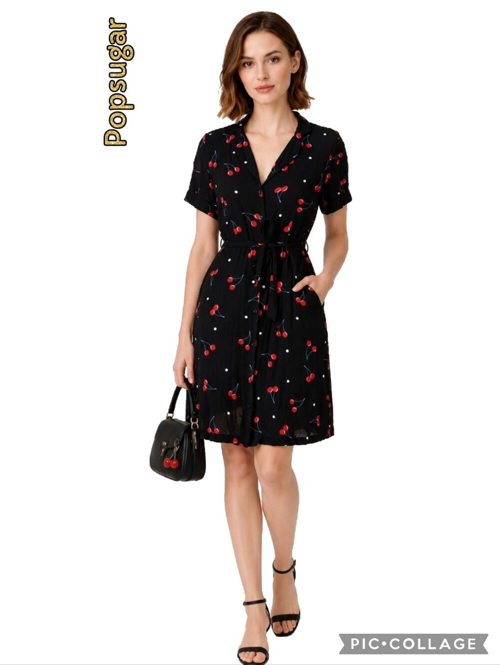 Popsugar black cherry-print v-neck tie-waist shirt dress side pockets belt